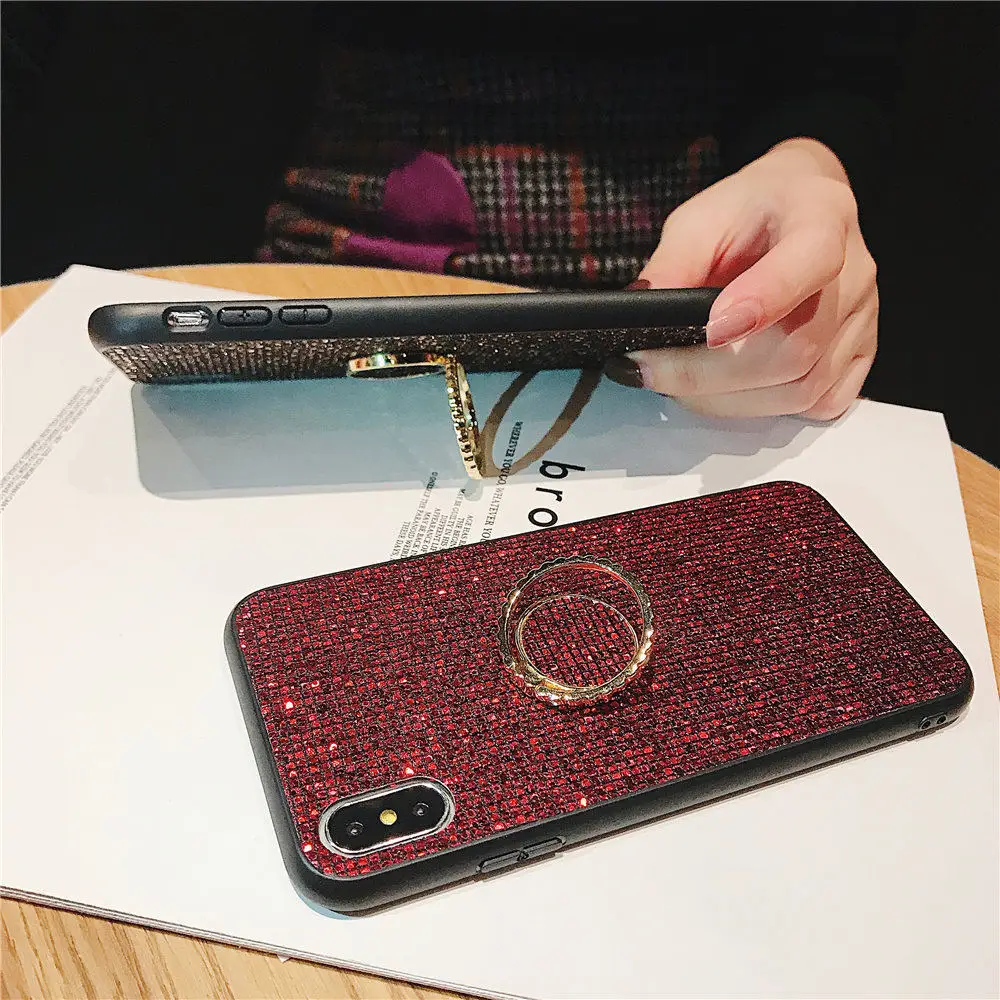 Блестящие глянцевые Bling Встроенная задняя крышка чехол для телефона в виде ракушки для Xiaomi Mi Mix 2 S 3 A1 A2 8 SE 9 Lite Роскошный чехол с стенд для колец на палец