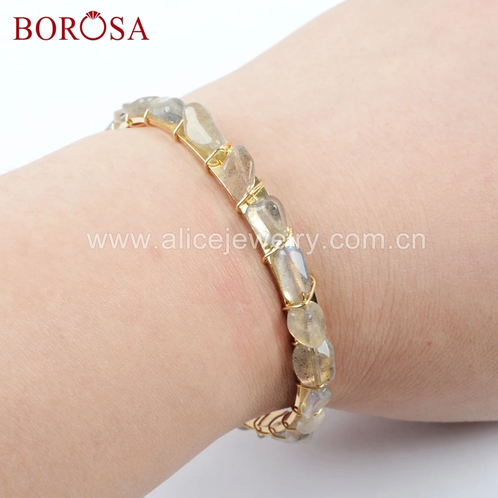 

BOROSA 5/10PCS Wholesale Natural Labradorite Beads Wire Wrap Gold Color Bangle Drusy Stone Bracelet Jewelry for Women WX1035