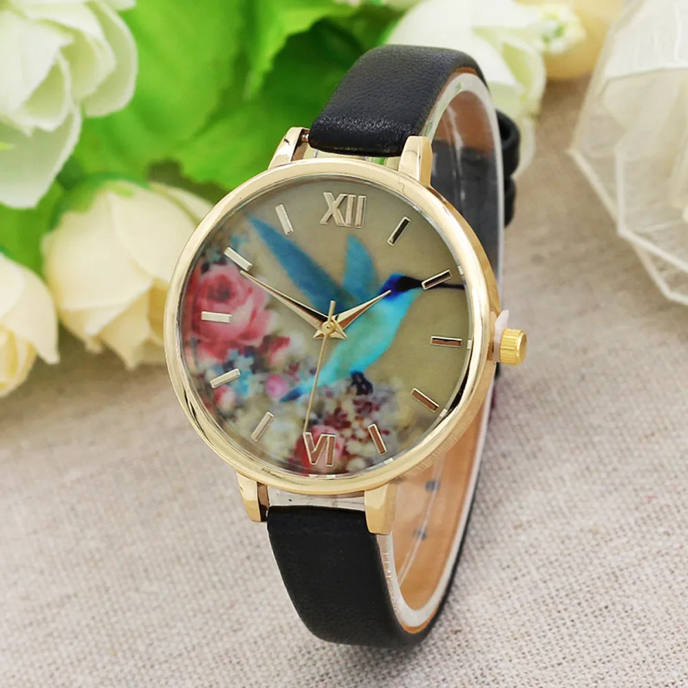 

Slim New Strap Watch Women Watches Blue Hummingbird Women Wristwatch Leather Round Quartz Watch Ladies Dress Wristwatch Clock *A