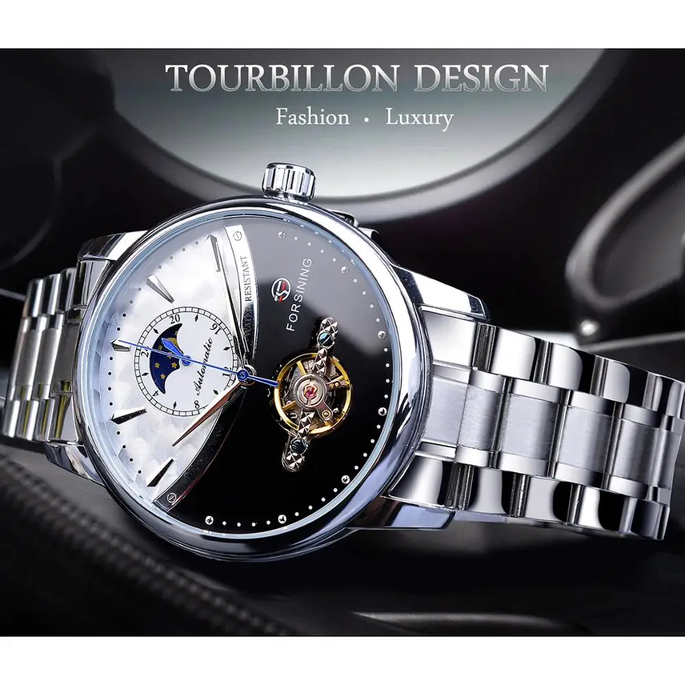 Forsining деловые мужские автоматические часы Moonphase часы Tourbillon водонепроницаемые механические Стальные наручные часы Relogio Masculino