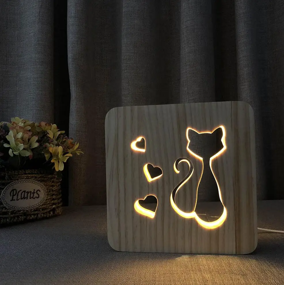E Ночник кот Деревянная лампа животное милый кавайный котик лапа лампа 3D USB светодиодный настольный свет переключатель управления дерево врезной светильник для украшения детской комнаты - Испускаемый цвет: E