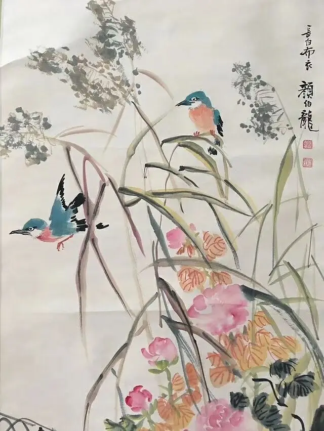 New Antiques Calligraphy Painting Famous Paintings Yan Bolong Birds and Figure Mounted | Дом и сад
