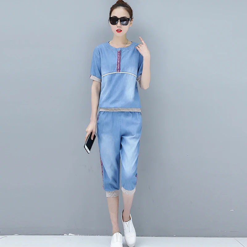 Размера плюс большие кольца для женщин светильник синие джинсы деним костюмы 2020