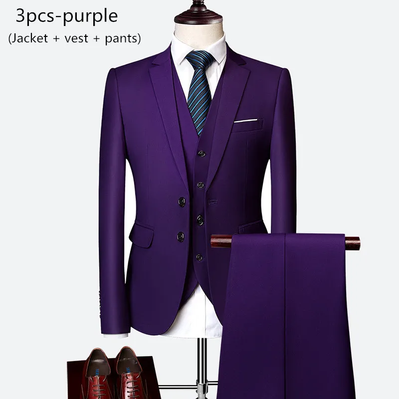 3pcs-purple Деловой мужской костюм, костюм из 3 предметов, Мужской Блейзер+ жилет+ брюки, Свадебный костюм жениха на заказ, большие размеры, M-6XL, высококачественные костюмы - Цвет: 3pcs-purple