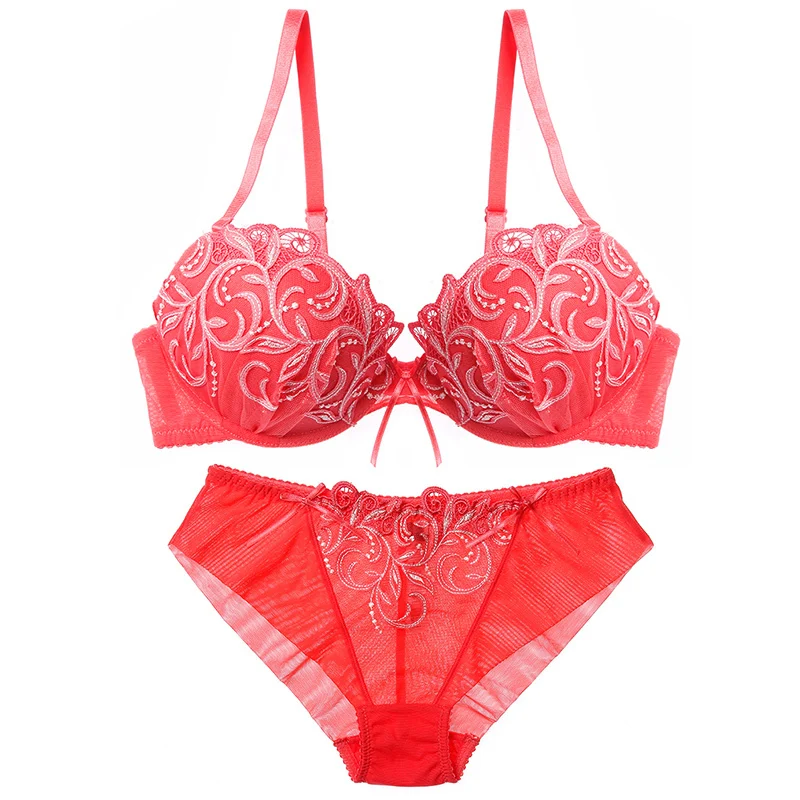 RED Set Lilymoda, женский сексуальный бюстгальтер с цветочной вышивкой, набор, пуш-ап бюстгальтер и трусики, бесшовные трусики, женский бюстгальтер, нижнее белье, красный - Цвет: RED Set
