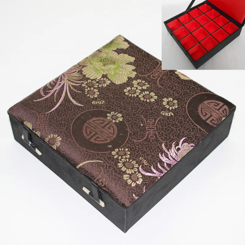 Decoration 16 Grid Slots Wood Ring Box Silk Brocade Jewelry Storage Case Earring Pendant Organizer Box Wedding Birthday Gift