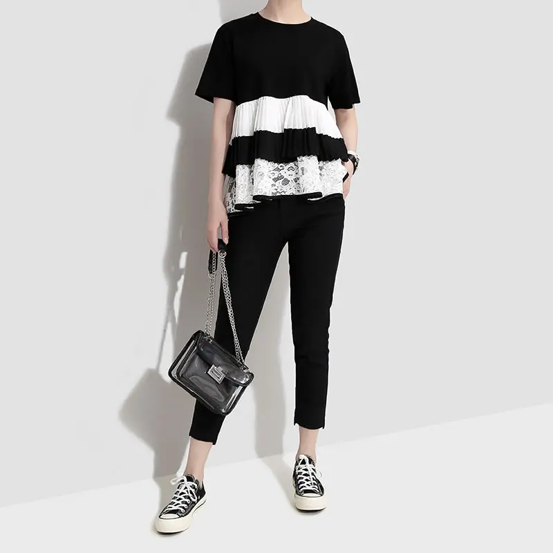 XITAO/полосатая Кружевная футболка женская одежда 2019 Лоскутная Женская с