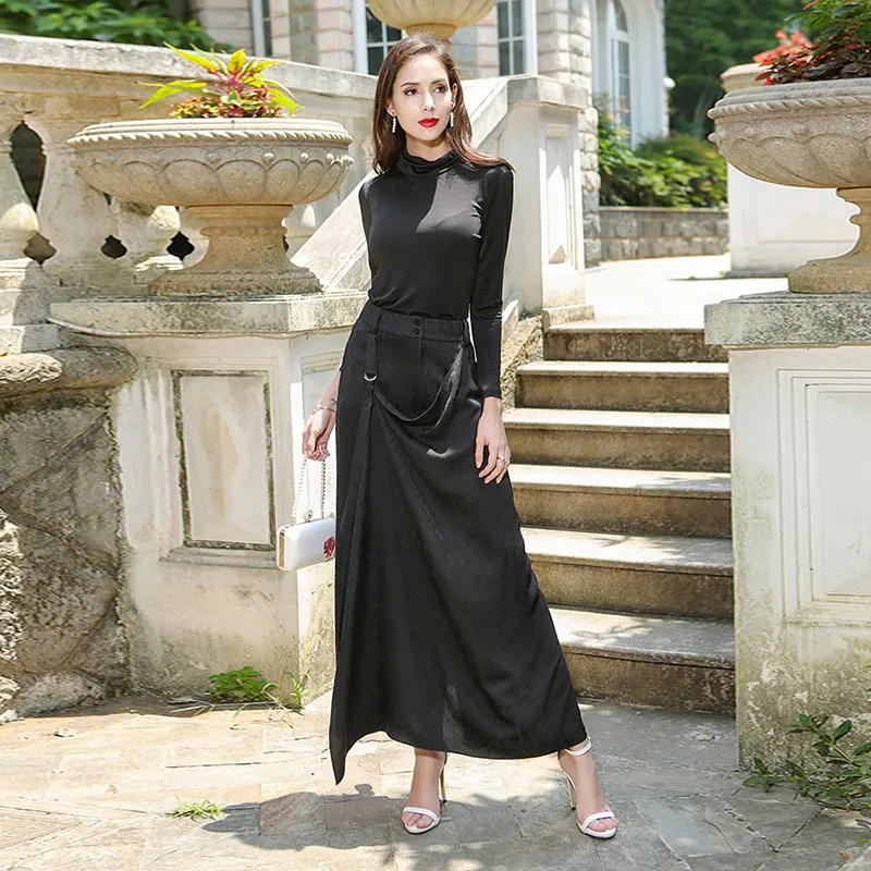 Черные шелковые широкие брюки палаццо VOA повседневные женские размера плюс с