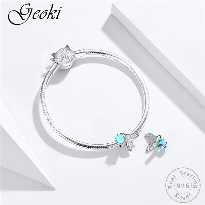 Geoki 925 пробы Серебряный Океанский синий кристалл хвост русалки Шарм fit Pandora браслет S925 круглый камень рыба бусины Подарок