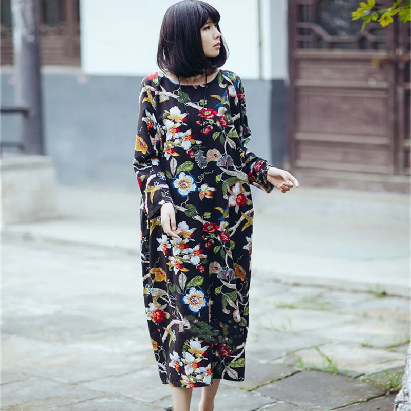 SCUWLINEN 2019 Восточной Стиль Весна Повседневные платья с длинным рукавом Цветочный