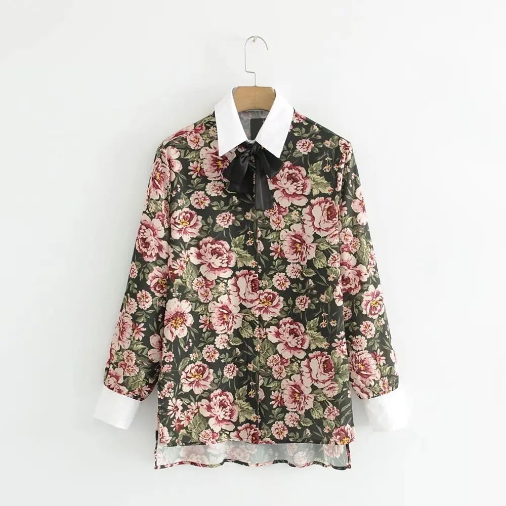 Блузка с длинными рукавами, рубашка, женские топы, blusas, модная рубашка с цветочным принтом, женские блузы, комбинированная кружевная блузка, femme