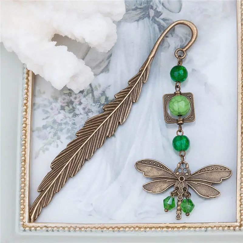 1 DoreenBeads Закладка Стрекоза Животное Античная бронзовая зеленая имитация бирюзового пера Рождественская Снежинка помпон, 1 штука - Цвет: 1
