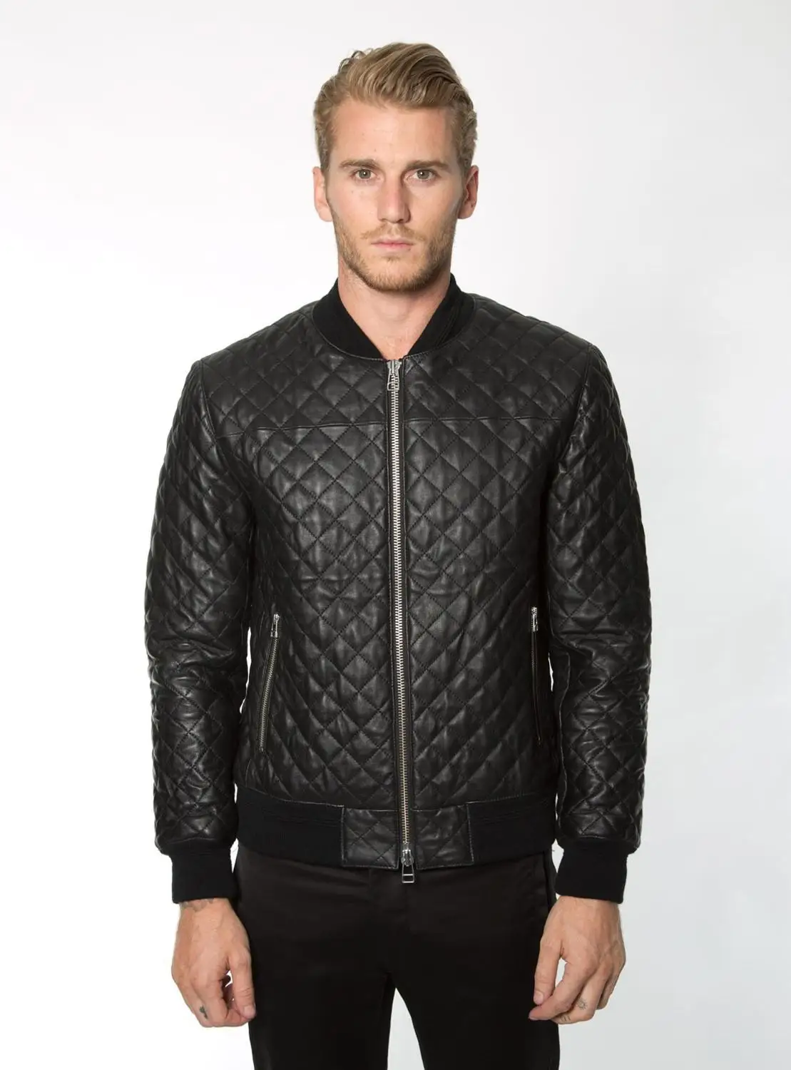 

YR!Free shipping. handsome casual style genuine leather jacket.winter cotton sheepskin coat.Rhombic lattice warm leather jacket