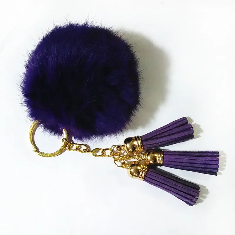 Красочные 3 кисточками 8 см меховой помпон автомобильный брелок для ключей с