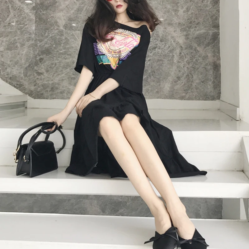 PERHAPS U black white purple slash neck flare ruffle half sleeve midi dress summer letter print asymmetrical Mermaid D1165 | Женская