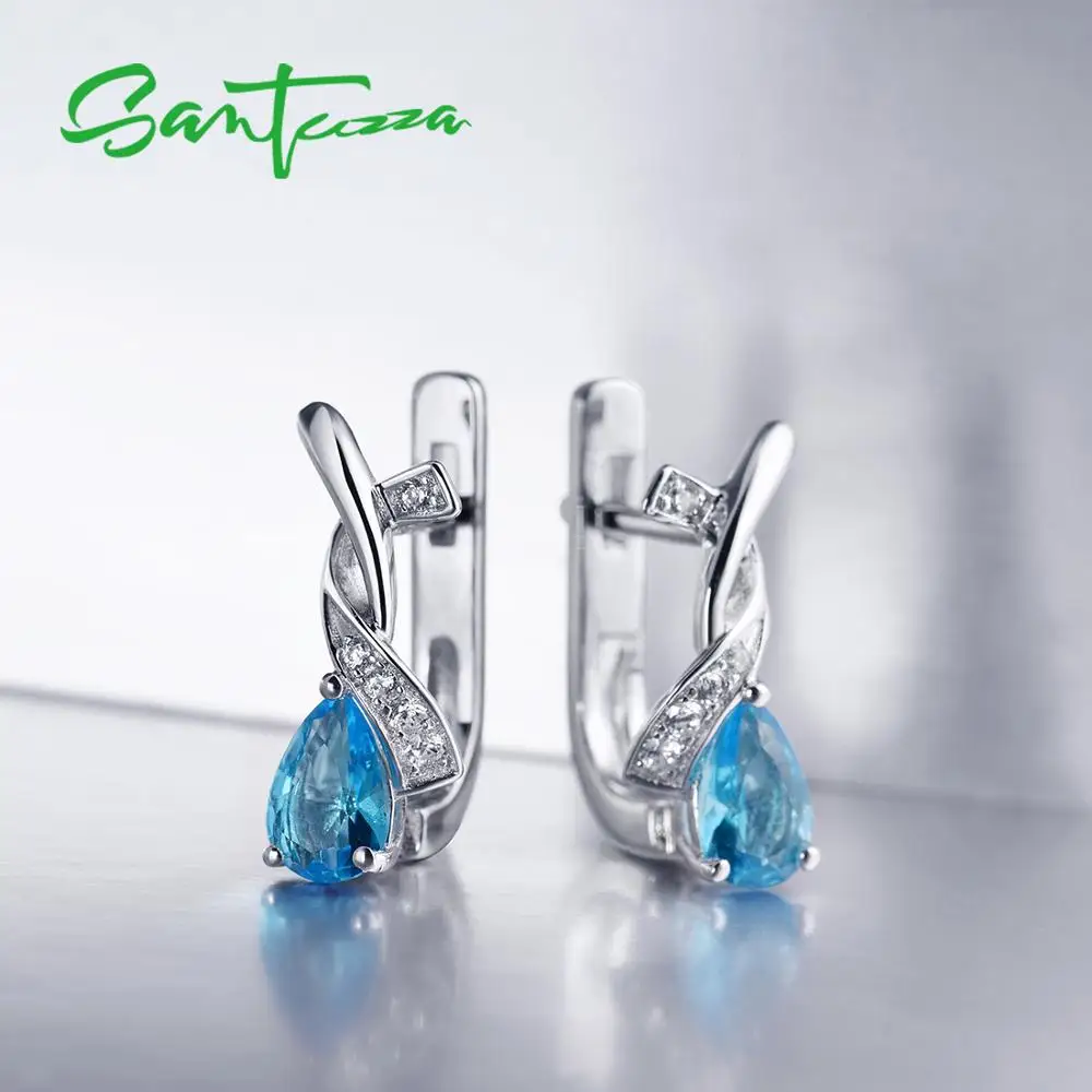 SANTUZZA серебряные серьги для женщин из натуральной 925 пробы Серебряная груша волшебный Синий Кристалл Кубический цирконий элегантные ювелирные изделия