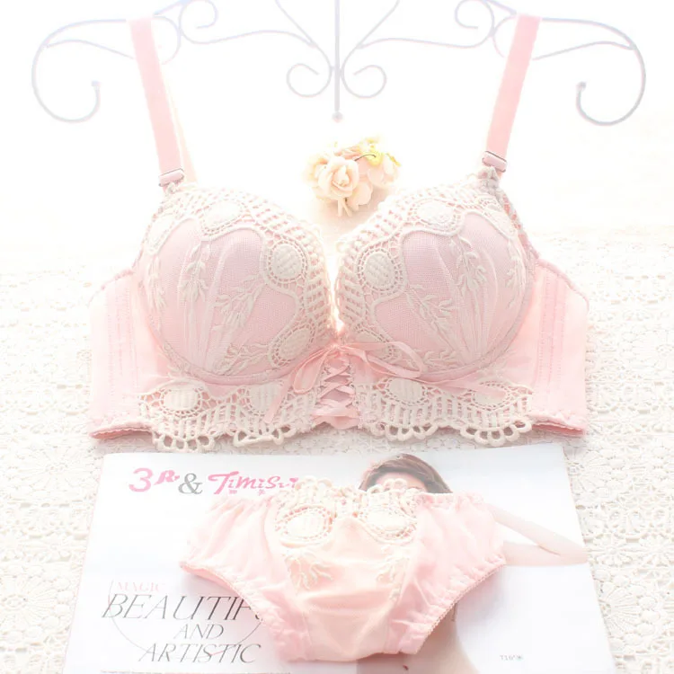 Женское нижнее белье с кружевной вышивкой розовый комплект бюстгальтером пуш ап