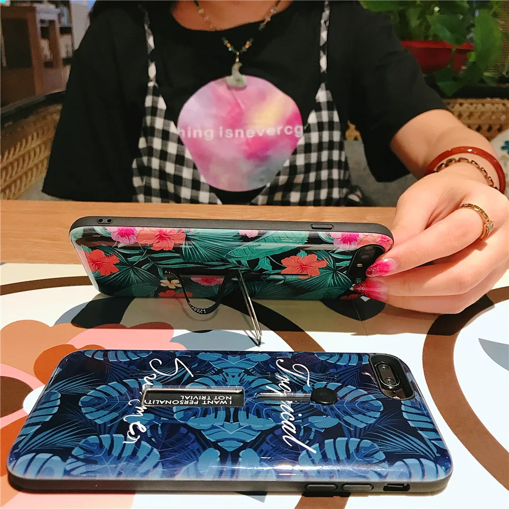 For Apple iPhone X XS MAX Classic Retro Flower Leaf Silicone Ring Phone Cases 6 6s 7 8 Plus Hide Stand Holder Cover |
