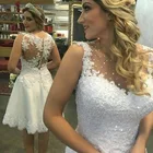 Белые Кружевные Аппликации Короткие лёгкие Свадебные платья пуговицы сзади дешевые короткие свадебные платья robe de soir