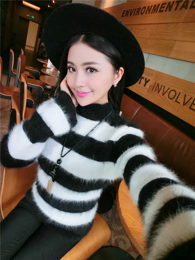 Women Mink Cashmere Pullovers Sweaters Black And White Striped Turtleneck Coat Free Shipping | Женская одежда