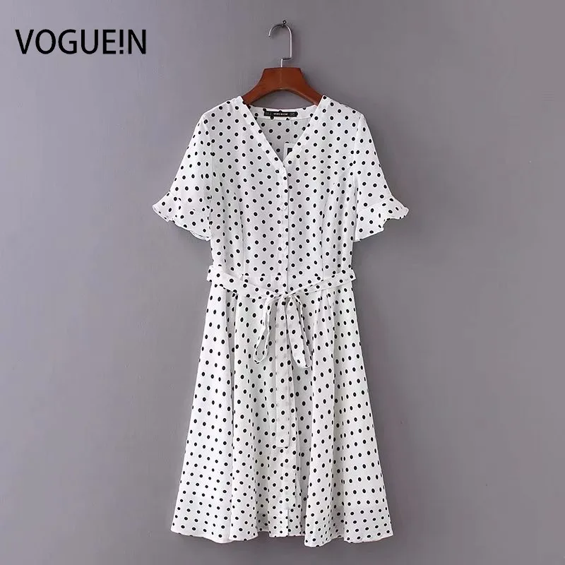 Женское мини платье VOGUEIN белое Повседневное в горошек с рукавами фонариками и