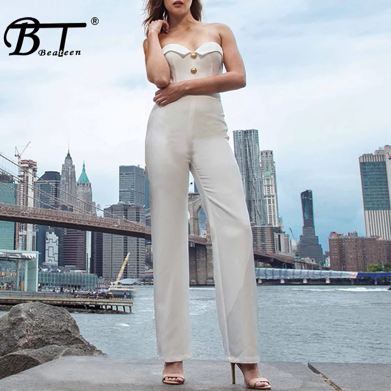 

Beateen 2019 Summer New Women Fashion Sexy Strapless Button V Neck Jumpsuit Sleeveless Elegant Office Lady Party Club Long Pants
