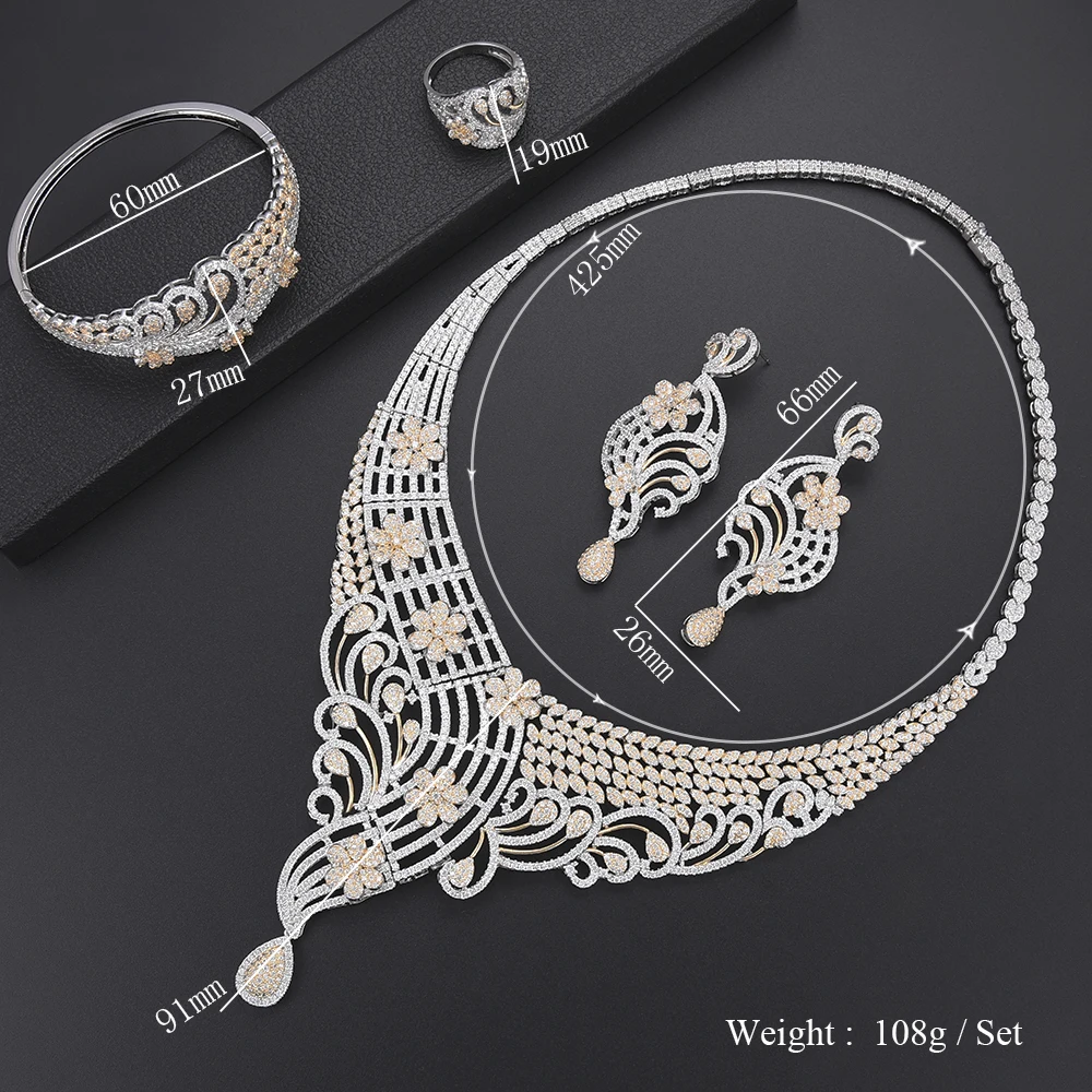 

SisCathy 4PCS Trendy Nigerian Wedding Cubic Zirconia Necklace Earrings Bracelet Resizable Ring Jewelry Sets parure bijoux femme