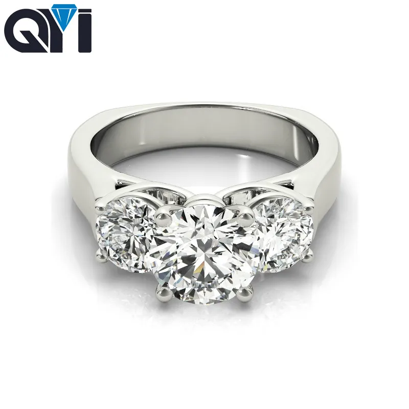 

QYI Three Stones Cubic Zirconia Ring For Women Round Cut CZ Bridal Jewelry 925 Sterling Silver Wedding Engagement Rings