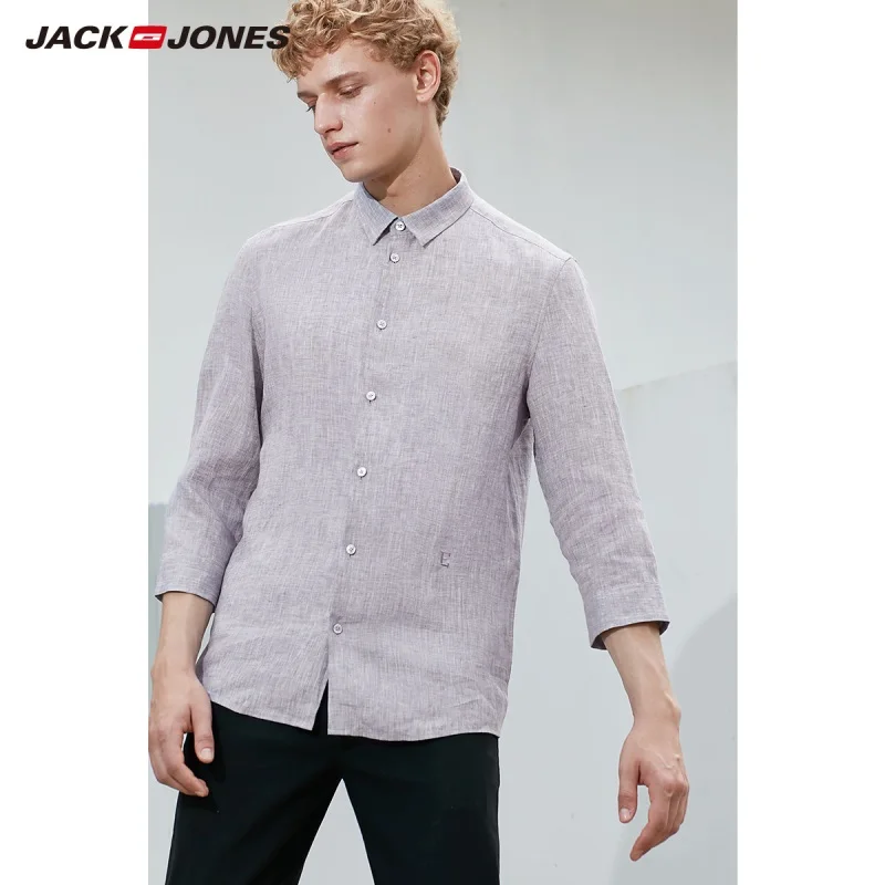LIGHT GREY JackJones Мужская льняная рубашка с рукавом три четверти мужская одежда 219131507 - Цвет: LIGHT GREY
