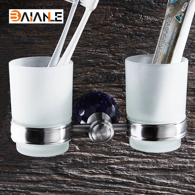 

Cup Holders Stainless Steel Brushed glass cups Bathroom Accessories Double Toothbrush Tooth cup holder