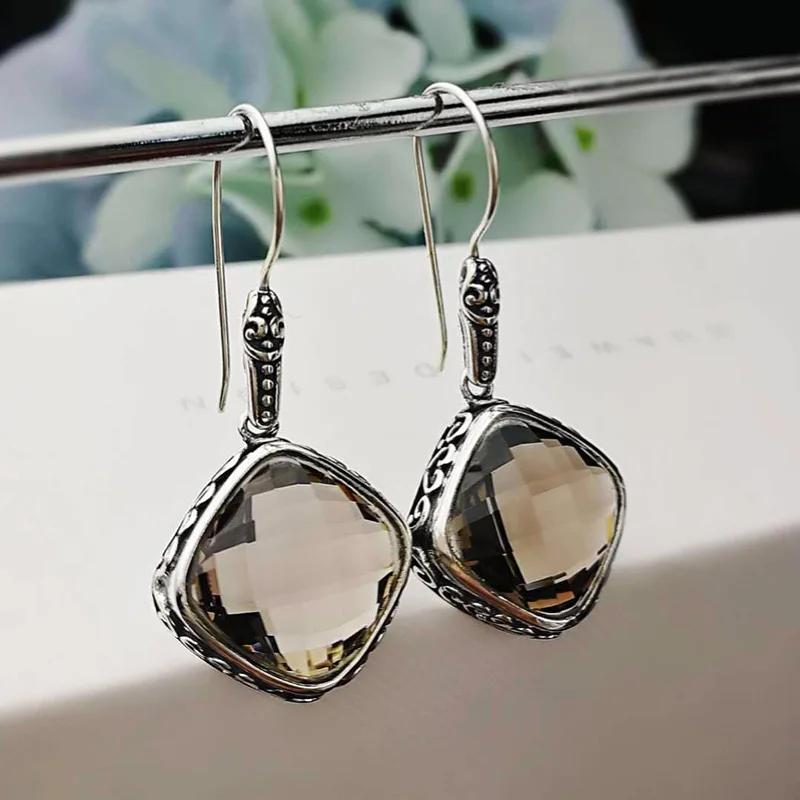Earings Silver Sterling 925 Natural Gemstone Smoky Quartz Faceted Drop Earrings For Women Ladies Fine Jewellery Vintage Design