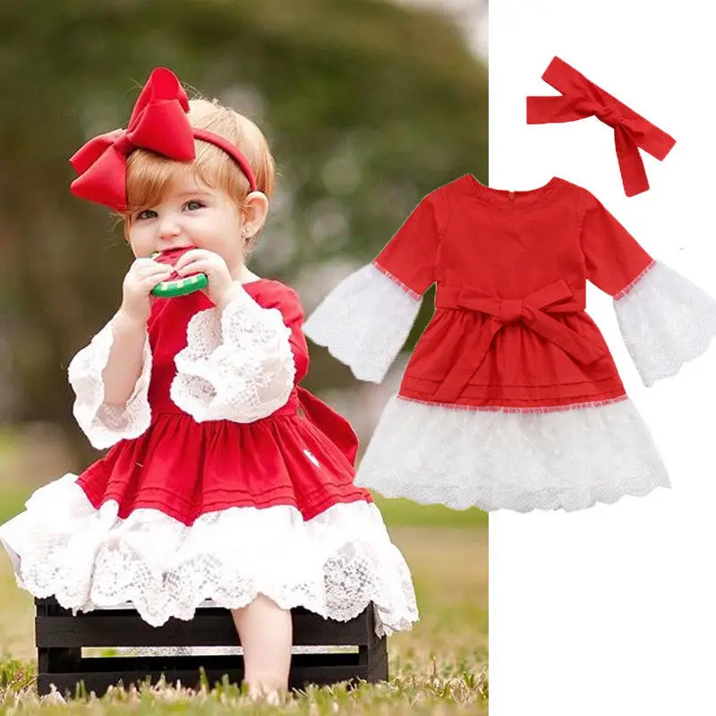 Newborn Kids Baby Girls Xmas Princess Party Lace Dress Headbnad Set Clothes Red | Детская одежда и обувь