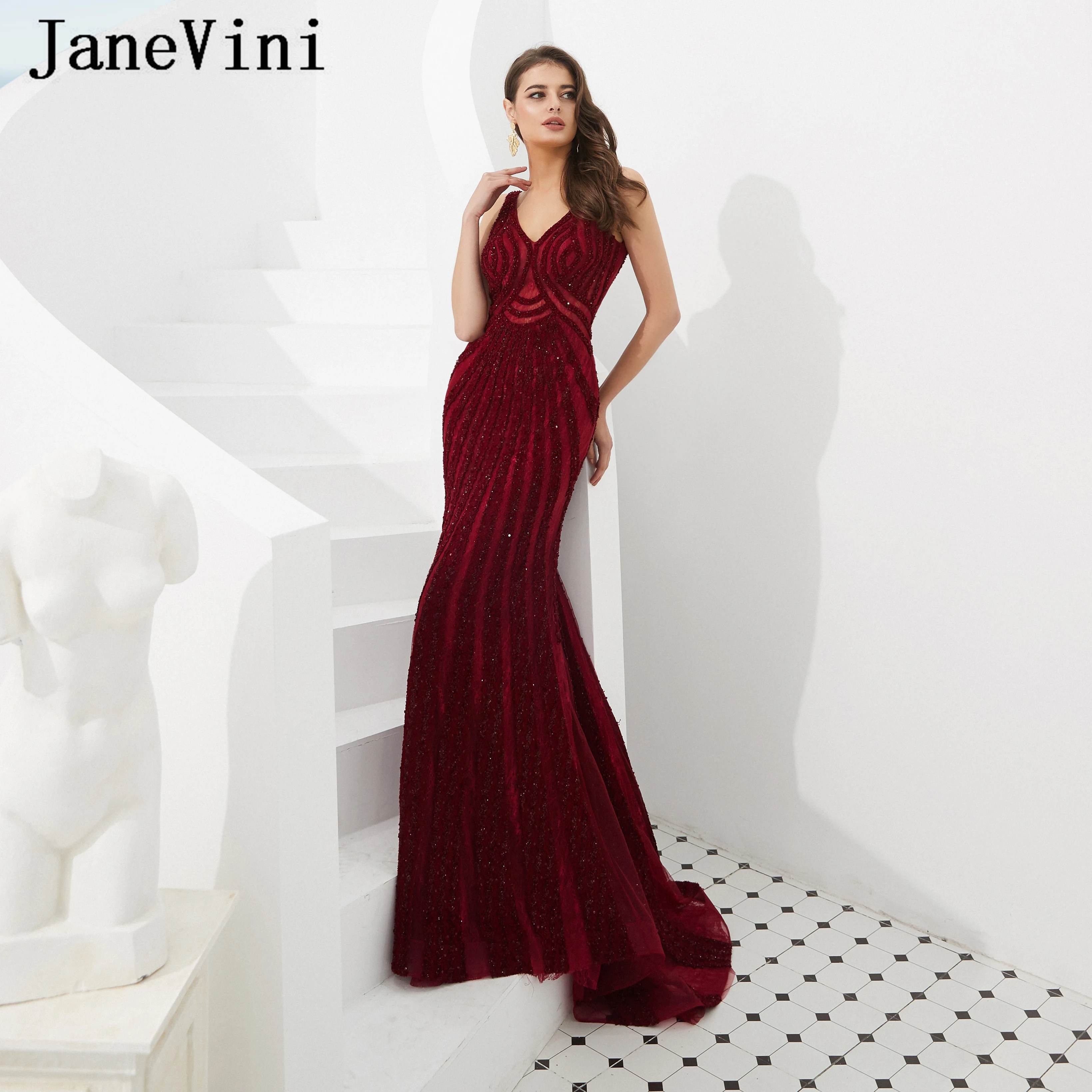 

JaneVini 2019 Длинные Выпускные платья Burgundy Robe De Gala сексуальный v-образный вырез роскошный Бисер Тюль развертки Поезд Формальные Вечерние платья