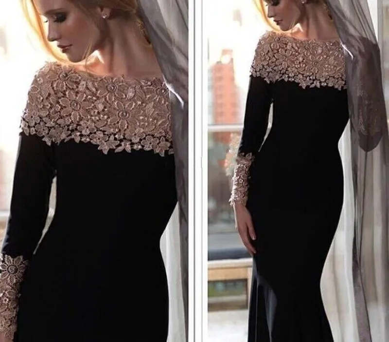 

2019 Elegant Black Evening Dresses 2019 Lace Appliques Boat Neck Formal Party Dresses Long Sleeevs Long Prom Dresses Custom Made