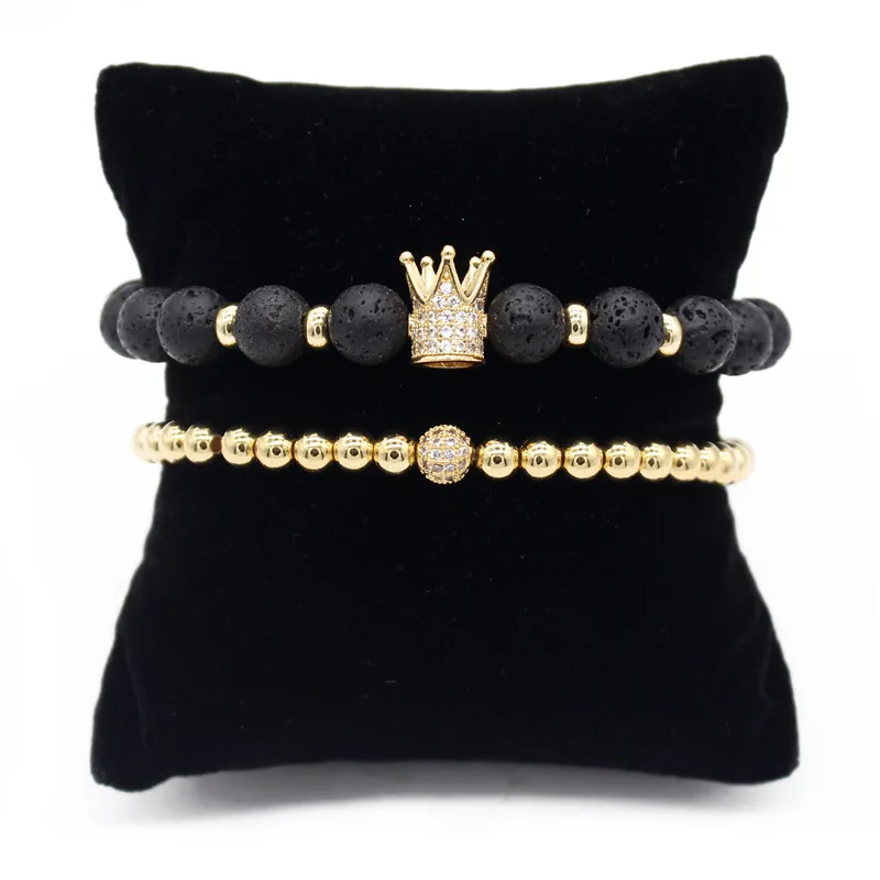 Набор браслетов Poshfeel 2 шт./набор с кристаллами CZ и кроной, браслеты на руку из натурального камня лавы 8 мм, ручной работы, ювелирные изделия Pulsera MBR180301.