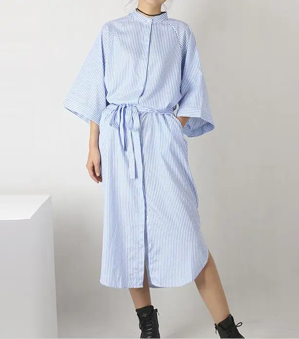 blue Корейское женское Модное Длинное Платье-рубашка, дизайн, круглый вырез, свободное, большой размер, Повседневное платье-рубашка в полоску, осеннее платье - Цвет: blue