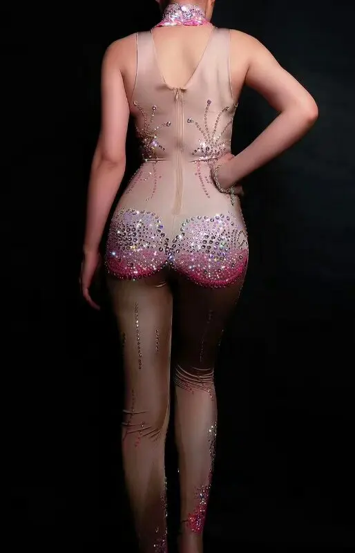 

New nightclub Bright rhinestones sexy bodysuit stage costumes Dancer prom show jumpsuit Rompers with Crystal performance costume