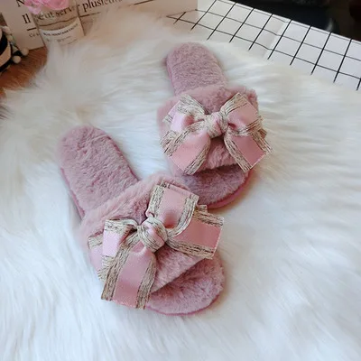 pink 2 Меховые шлепанцы; женские дизайнерские сандалии; тапочки; удобные домашние тапочки с меховым бантом; женские Вьетнамки без застежки размера плюс - Цвет: pink 2