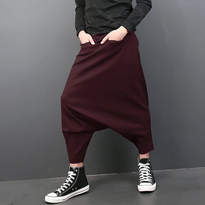 INCERUN 5XL мужские шаровары, повседневные брюки с заниженным шаговым швом, мужские мешковатые брюки с эластичным поясом и карманами, свободные летние штаны в стиле панк - Цвет: Wine Red