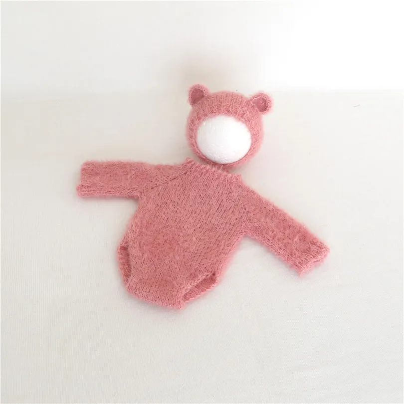 Pink Baby Girl Bear Hat Knitted Fuzzy Newborn Photo Outfit Vintage Romper Set Photogrpahy Overalls Infant Bodysuit | Детская одежда и