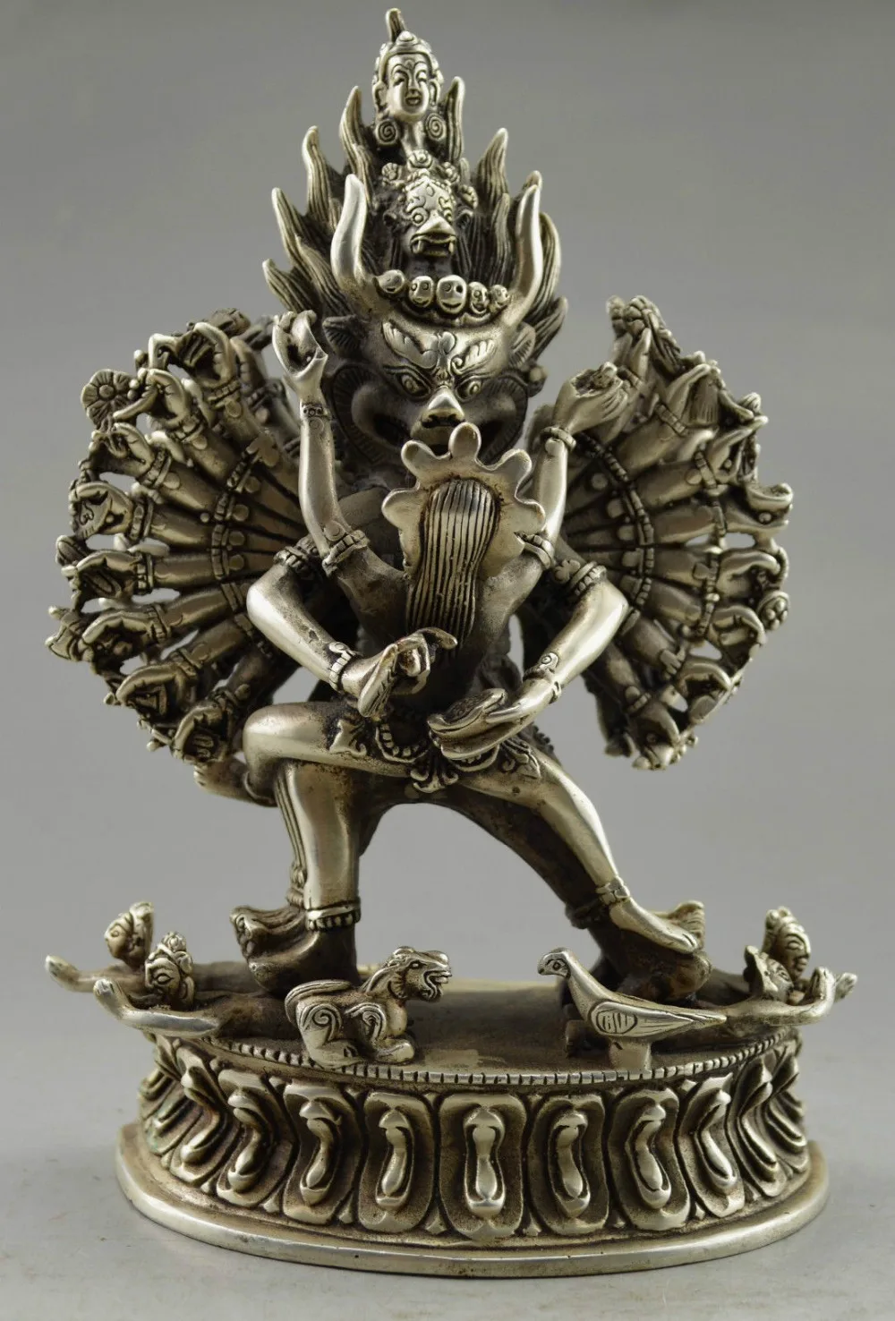 

Elaborate Collectible Decorated Old Handwork Tibetan Silver Yamantaka Buddha Statue sculpture