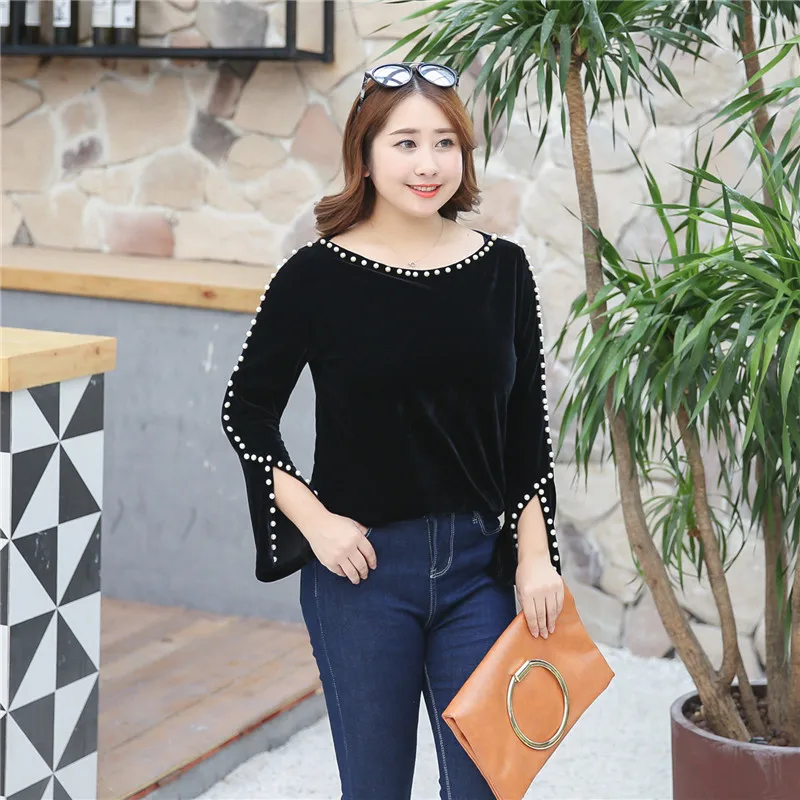 Женская бархатная блузка LUO SHA с длинным рукавом и бусинами|plus size women blouse|womens tops and
