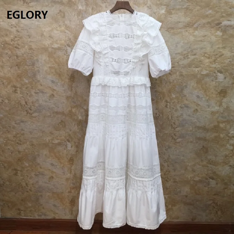 

Top Quality New 2019 Fashion White Pink Long Dress Women Hollow Out Embroidery Ruffle Patchwork Vintage Party Long Maxi Dress