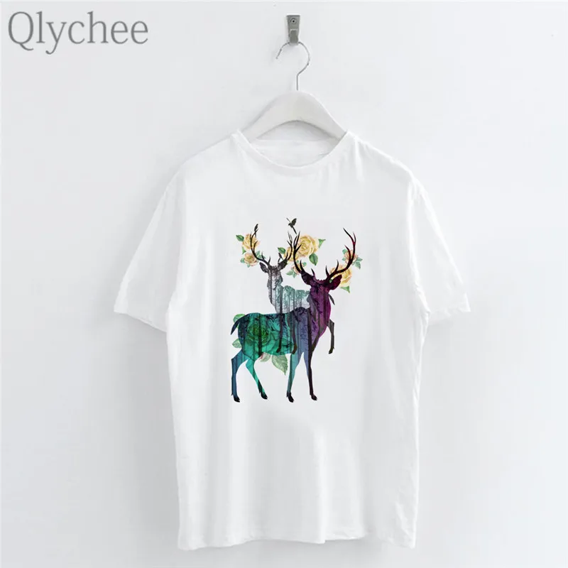Qlychee/женские футболки в стиле Харадзюку с цветочным рисунком оленя топы вырезом