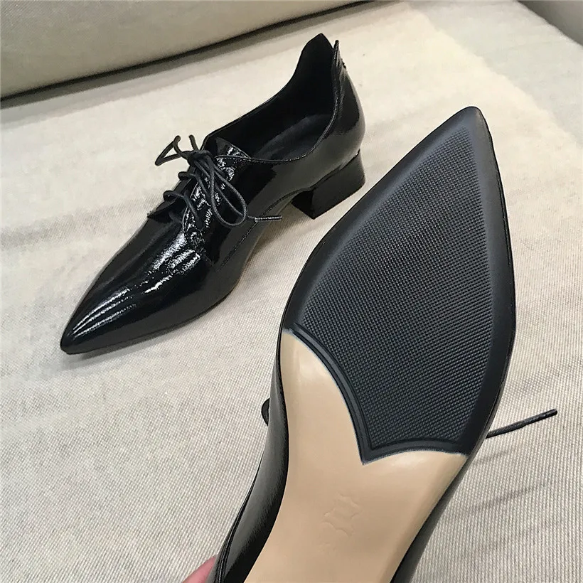 

British Women Derbies Red Soft Patent Leather Pointed Toe Flats Retro Oxfords Casual Brogues Lace-up Low Block Heel Ladies Shoes