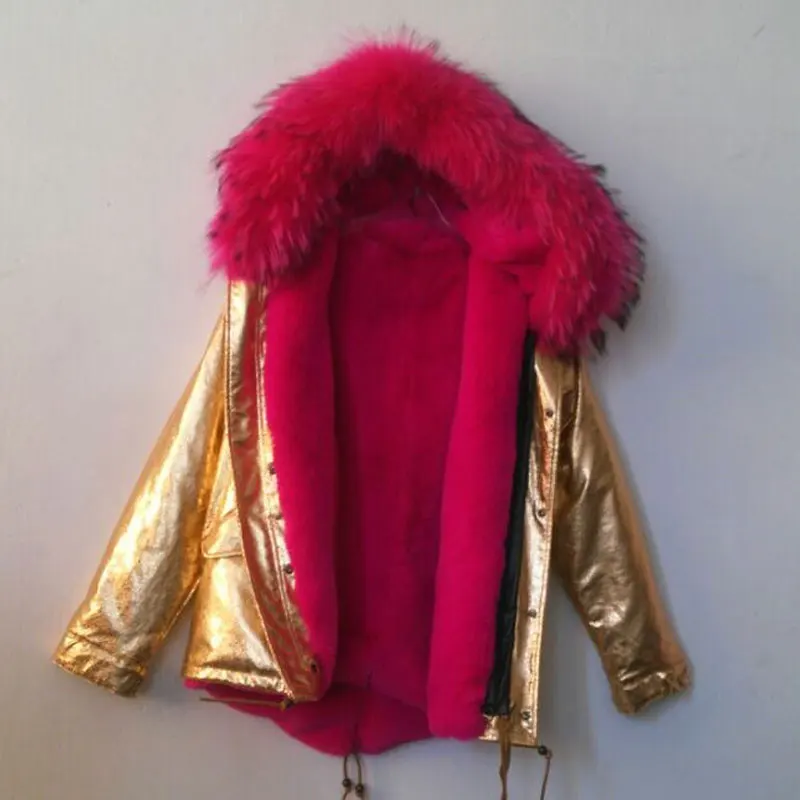 Short style hot pink red faux fur lining warming jacket with gold leather outside coat | Мужская одежда