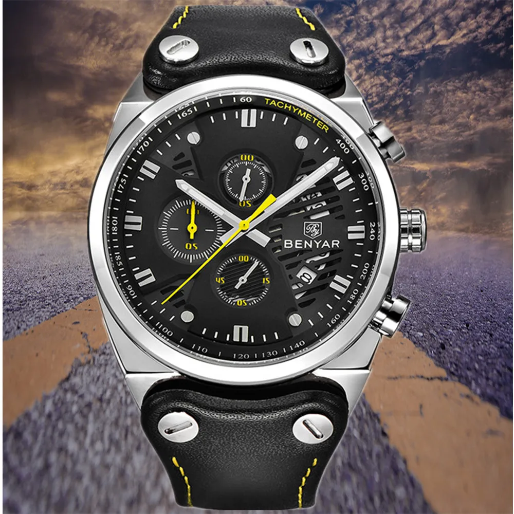 Мужские часы Reloj Hombre роскошный бренд BENYAR модные кожаные Кварцевые водонепроницаемые спортивные часы с хронографом Relogio Masculino