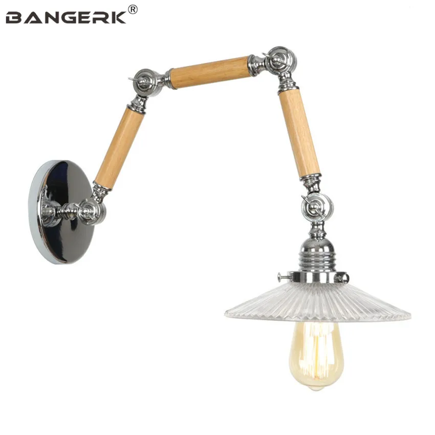 

Retro Loft Style Adjust LED Wall Lamp Edison Wood Glass Industrial Long Arm Sconce Wall Lights Bedside Home Decor Lighting