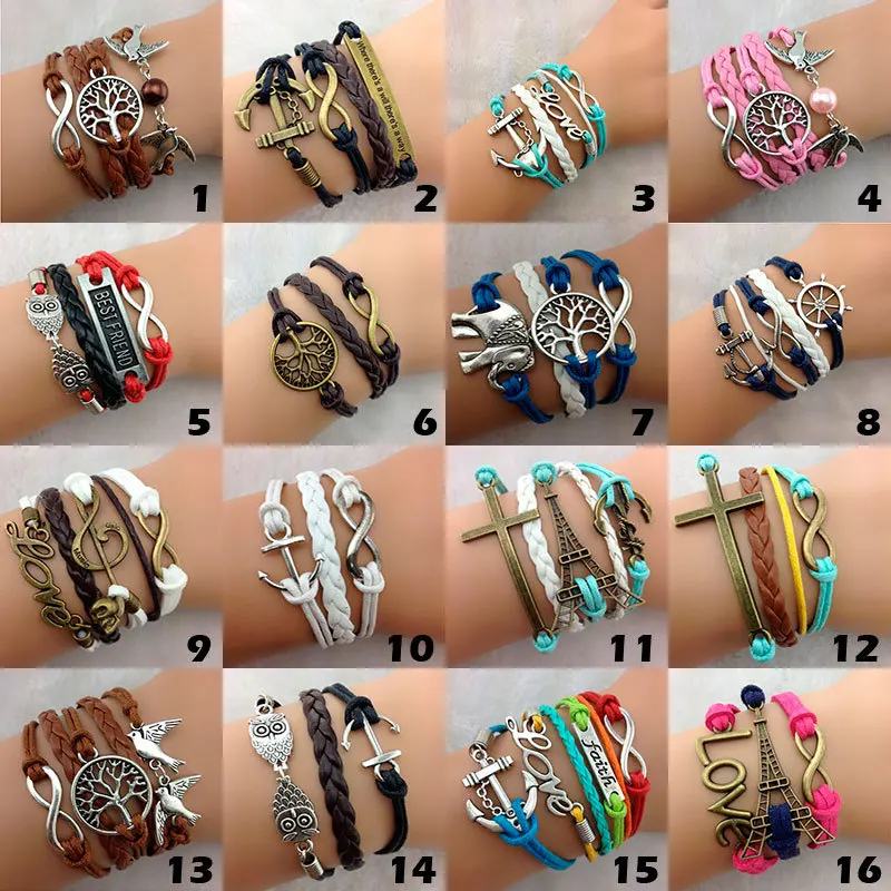 Wholesale Bulk Lots 100pcs Multilayer Leather Bracelets Mix Styles Men Women Vintage Tribal Hand-woven Cuff Fashion jewelry