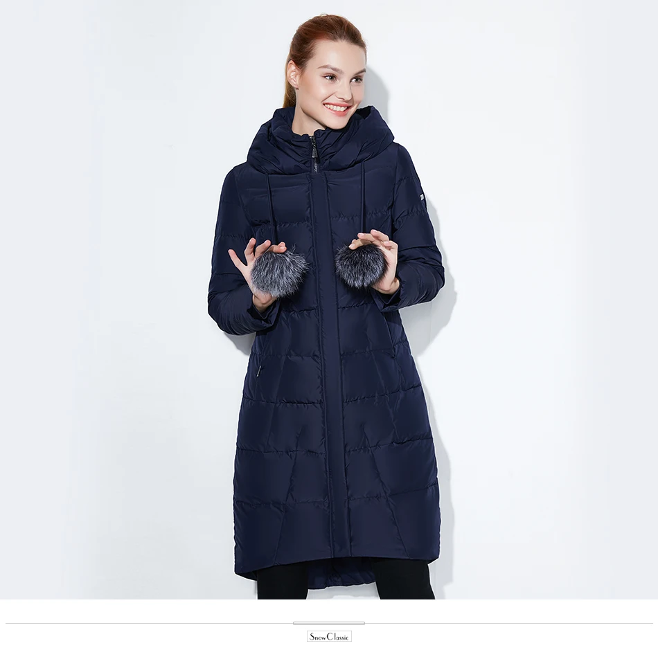 SnowClassic зима длинная куртка женщин теплый пальто мода Preppy Style outwear сплошной толстый куртка передний край лисица меховой воротник
